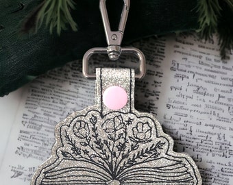 Floral book Embroidery Designs, ITH Machine Embroidery Designs, Book Lover Embroidery Designs, ITH Snap Tab, In The Hoop Key Fob, Mom gift