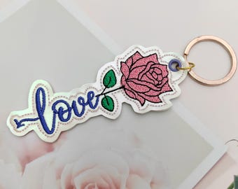 Love Rose ITH Snap Tab Embroidery Design, Valentines Day In The Hoop Embroidery File, Flower ITH Key Fob Embroidery Design, Love Keychain