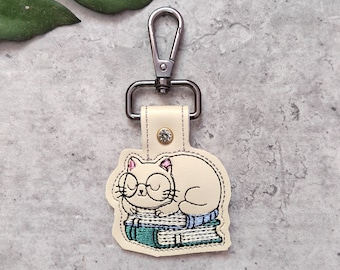 Cat Book Embroidery Design, ITH Snap Tab Embroidery Designs, Cat Embroidery File, Cat Lover Key Fob