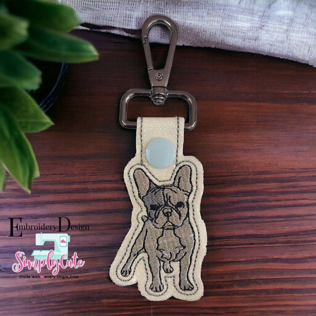 French bulldog Embroidery Designs, ITH Machine Embroidery Designs, Dog Embroidery Designs, ITH Snap Tab, In The Hoop Key Fob