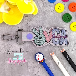 Peace Love California  In The Hoop Snap Tab Machine Embroidery Design,Keychain Machine Embroidery, ITH Embroidery Design, Stickdatei ITH