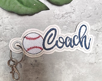 Baseball Embroidery Design, ITH Snap Tab Embroidery Designs, Coach Baseball Bag Tag, Personalized Sports Bag Tag, ITH Key Fob, Gift For Him