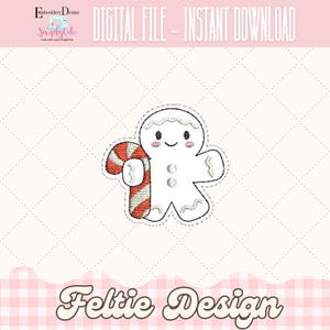 May include: A white gingerbread man embroidery design holding a red and white striped candy cane. The image includes the text "DIGITAL FILE - INSTANT DOWNLOAD" and "Feltie Design". The background is a light pink and white diamond pattern.