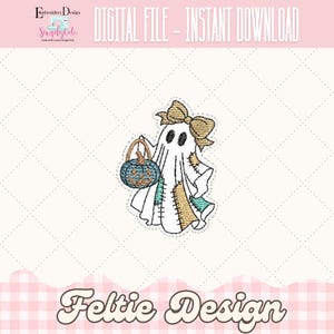 May include: An embroidered design of a friendly ghost holding a pumpkin basket, with a bow on its head. The design includes the text "DIGITAL FILE - INSTANT DOWNLOAD" and "Feltie Design". The ghost is white with black eyes and patches.