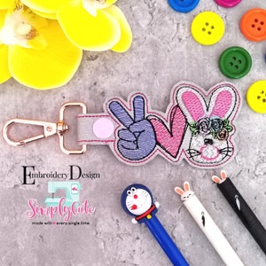 Peace Love Cute Rabbit ITH Embroidery Designs ,Keychain Machine Embroidery design,ITH Embroidery pattern,InTheHoop design,fit to 4x4 hoop