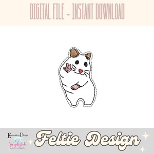 May include: A white hamster with brown ears and a pink nose, waving with its right paw. The hamster is outlined in black and has a pink heart on its chest. The image is a digital embroidery design for a felt project.