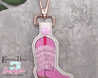 Cowboy Boots Embroidery Designs, ITH Cowboy Boot Snap Tab, Pink Cowgirl Boot Keychain, Fringed Cowboy Boot Embroidery Design