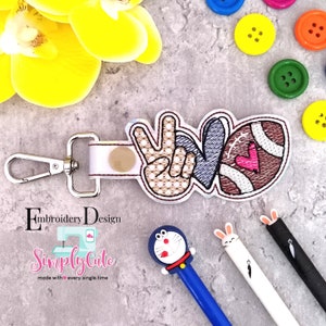 PeaceLoveAmericanFootball InTheHoop Snap Tab Embroidery Design,SnapTab Keychain For Machine Embroidery, KeyFob Design,Stickdatei ITH,Bordado