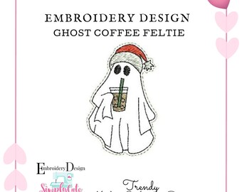 Christmas Feltie Embroidery Designs, Ghost with coffee Embroidery File, ITH Feltie Embroidery Design, Christmas Badge Reel