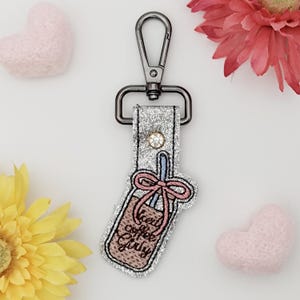 Ice Coffee Bow ITH Embroidery Designs Snap Tab, Coffee In The Hoop Embroidery Files Keychain, Girlie ITH Key Fob Embroidery Design