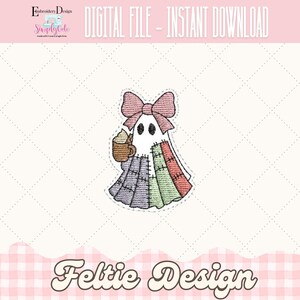 May include: A digital file featuring a cute ghost design. The ghost wears a pink bow and holds a coffee cup. The ghost's dress is made of patchwork fabric in shades of purple, green, and red. Text includes "Embroidery Design", "Simply Cute", "Digital File - Instant Download", and "Feltie Design".