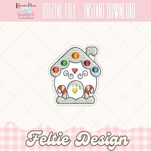 May include: A white gingerbread house design with colorful candy decorations, hearts, and candy cane accents. The image includes the text "DIGITAL FILE - INSTANT DOWNLOAD" and "Feltie Design". The design is on a quilted background.