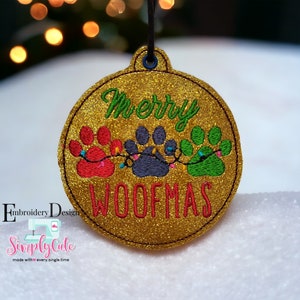 Embroidery Christmas Ornaments, ITH Machine Embroidery Designs,  Embroidery Christmas Ornament Designs, Merry Woofmas Ornament