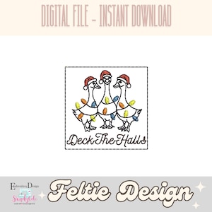 以下が含まれることがあります： サンタの帽子とクリスマスライトをつけた、漫画のガチョウ3羽。下に「Deck The Halls」の文字があります。