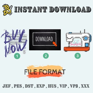 Peut inclure: Image num&eacute;rique avec le texte "T&eacute;l&eacute;chargement instantan&eacute;". Comprend un panier avec "Acheter maintenant", un bouton "T&eacute;l&eacute;charger" et une illustration de machine &agrave; coudre. Formats de fichiers list&eacute;s en dessous.