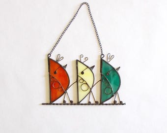 Family of Three Birds On a Wire Stained Glass Suncatcher | Anniversary | Birthday | Mother’s Day | Christmas | Grandparents