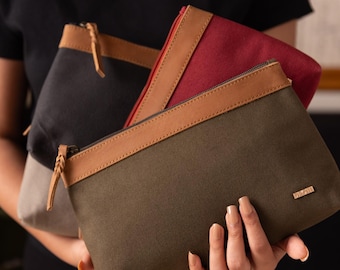 Personalized Canvas Makeup Bag: Leather Detail Cosmetic & Toiletry Pouch