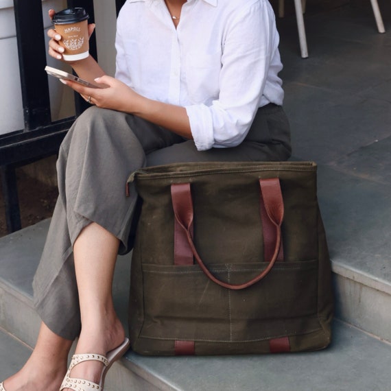 Missnine Tote Bag Canvas Laptop Bag 15.6 Inch Briefcase For Women Large Capacity Handbag For Office, School, Travel, Classic Brown, Casual Fashion