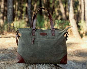 Personalized Waxed Canvas Weekender Bag: Leather Accents Travel Duffle