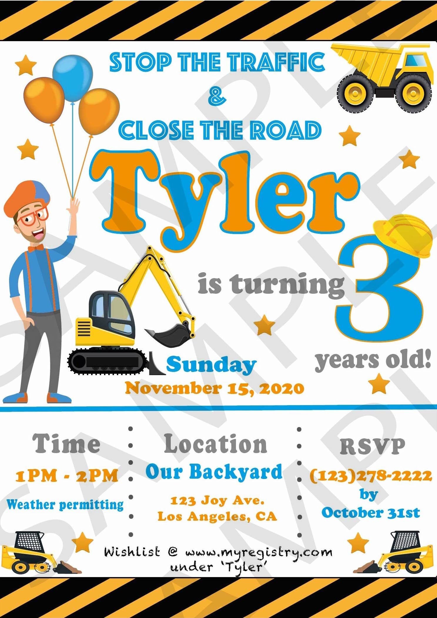 Blippi Construction Vehicle Birthday Digital Invitation Etsy