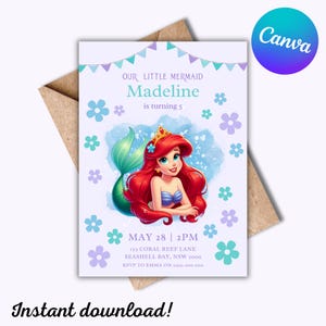 Faire-part d'anniversaire de la petite sirène, faire-part modifiable, faire-part imprimable Disney, faire-part sirène, téléchargement immédiat