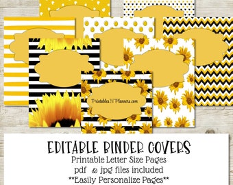 Black and white  sunflower printable binder covers, editable, instant download, cute binder cover for notebook