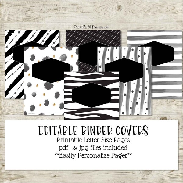 Black and white printable binder covers, instant download, pdf, school binder covers, notebook cover,