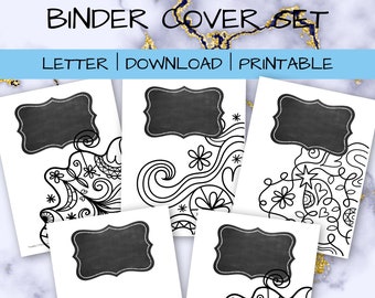 Doodle black and white print Printable Binder Cover Set, Binder Cover, Spine and Back Cover, Download, Editable, coloring binder cover