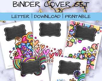 Doodle colorful print Printable Binder Cover Set, Binder Cover Spine and Back Cover Digital Download Editable binder cover insert sheet