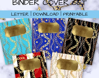 Gold Chains Printable Binder Cover Set Binder Cover Spine and Back Cover Digital Download Editable Notebook Cover Printable Canva template