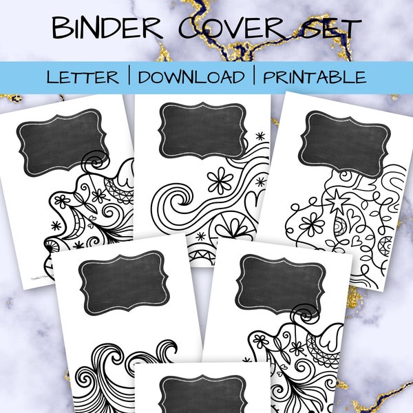 Doodle black and white Printable Binder Cover Set Binder Cover, Spine and Back Cover Digital Download Editable coloring binder cover school