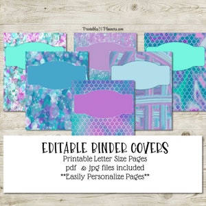 Mermaid printable binder covers, blue, aqua, green, instant download, cute binder covers, editable