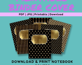 Black and Gold Printable Binder Covers, editable, pdf, jpg, instant download, binder cover for home, school or work