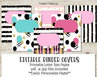 Stripes and Spots Printable Binder Cover notebook cute pink and black binder  school binder instant download editable binder cover template