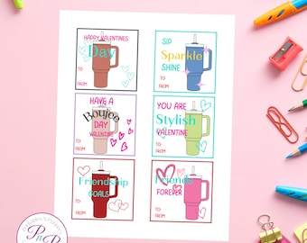 Stanley Tumbler Printable Valentines cards download kids classroom valentines card teenager valentines exchange stanley inspired card