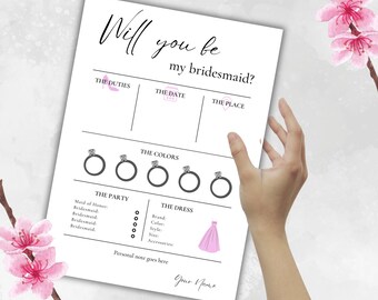 Bridesmaid Info Card Template bridal party card bridal template bridesmaids proposal canva template bridesmaid proposal editable printable