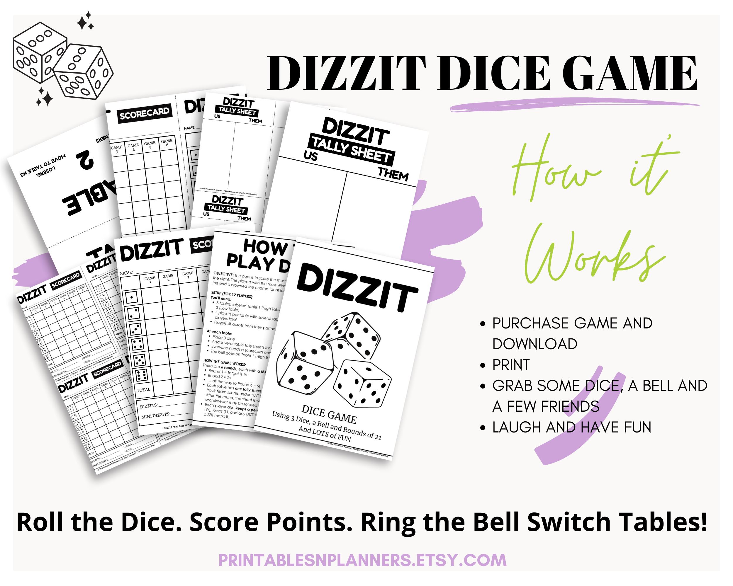 DIZZIT Dice Game Printable | Bunco Style Dice Game | Group Party Game ...