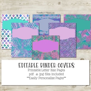 Mermaid 2 digital printable binder covers, blue and green ocean print, cute binder covers, download