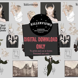 May include: Digital download featuring illustrations with gothic and occult themes. Includes images of a woman with a crescent moon, a skeleton, a hand holding a rose, and a castle. The text reads "KILLERVIEWS" and "DIGITAL DOWNLOAD ONLY".