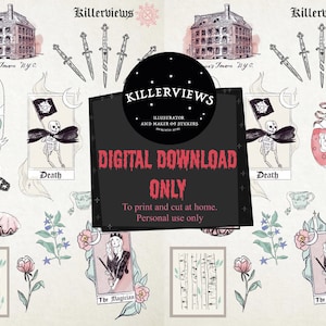 May include: Digital download featuring various illustrations, including a snake, a skeleton, a potion bottle, and a witch's hat. The text "KillerViews" and "Digital Download Only" are also present. The illustrations have a vintage, gothic aesthetic.