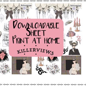 May include: A digital download sheet with various illustrations, including a woman in a dress, a heart, and floral elements. The text "Downloadable Sheet Print at Home" is displayed on a pink background, with "KILLERVIEWS" below.