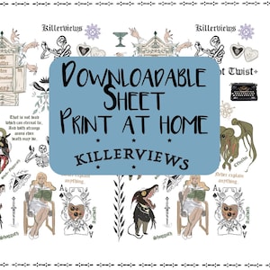 May include: Downloadable sheet print featuring illustrations of monsters, a typewriter, and text that reads "Downloadable Sheet Print at Home Killerviews". The design includes a decorative border.