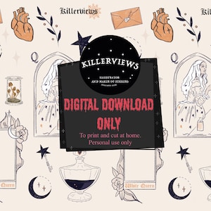 May include: Digital download sticker sheet with a vintage aesthetic. Features illustrations of a woman, potion bottles, moons, stars, hearts, and the text "DIGITAL DOWNLOAD ONLY". Includes the text "White Queen" and "Killerviews".
