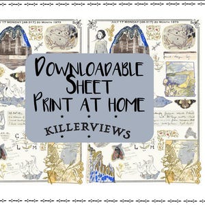 May include: A downloadable art print featuring vintage illustrations and handwritten text. The design includes drawings of figures, landscapes, and butterflies, with the text "DOWNLOADABLE SHEET PRINT AT HOME" and "KILLERVIEWS". The print has a decorative border.