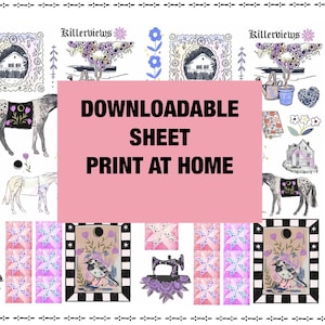 May include: A downloadable sheet print featuring various illustrations. The design includes images of horses, houses, birds, sewing machines, and floral elements. The text "DOWNLOADABLE SHEET PRINT AT HOME" is prominently displayed on a pink background.
