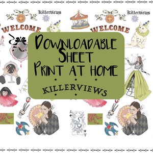 May include: A downloadable sheet with illustrations and the text "Downloadable Sheet Print at Home Killerviews". The design includes carousel, cat, and woman illustrations, along with the word "Welcome".