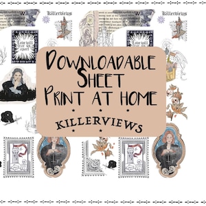 May include: A downloadable sheet with various gothic-themed illustrations, including portraits, architectural sketches, and decorative elements. The sheet features the text "DOWNLOADABLE SHEET PRINT AT HOME" and the brand name "KILLERVIEWS".