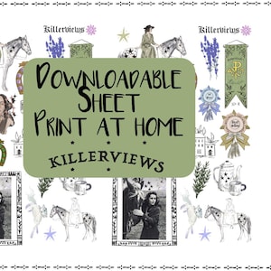 May include: A digital download sheet with various illustrations, including a woman on a horse, banners, portraits, and decorative elements. The text "Downloadable Sheet Print at Home" is prominently displayed, along with the brand name "Killerviews".