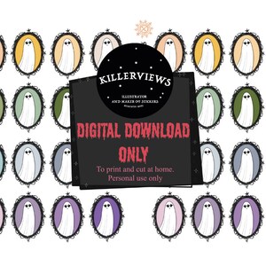 May include: Digital download of ghost illustrations in oval frames. Each ghost is white with a different colored background. The frames are black with decorative edges. Text on the image says "DIGITAL DOWNLOAD ONLY" and "To print and cut at home. Personal use only."
