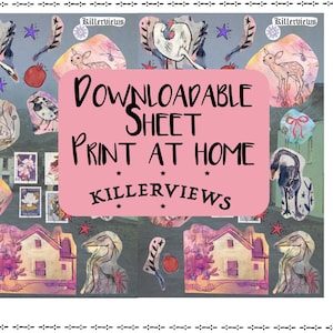 May include: A digital art print featuring various illustrations, including a swan, deer, rabbit, house, and bird. The artwork has a soft color palette with pink, gray, and white tones. Text on the print reads "Downloadable Sheet Print At Home" and "Killerviews".